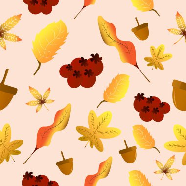 Sonbahar temalı pürüzsüz desen çeşitli sonbahar yaprakları ve meyveleri, bu desen ambalaj kağıdı, kumaş ve diğerleri için uygundur