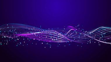 Hareketli parçacıkların olduğu gelecekteki noktalar dalgası. Soyut teknoloji geçmişi. Büyük verilerin 3 boyutlu görüntülenmesi. Üç Boyut.