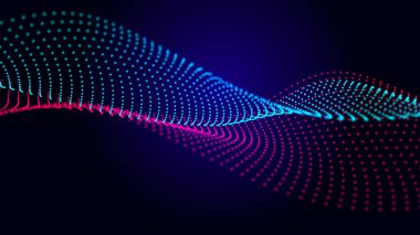 Hareketli parçacıkların olduğu gelecekteki noktalar dalgası. Soyut teknoloji geçmişi. Büyük verilerin 3 boyutlu görüntülenmesi. Üç Boyut.