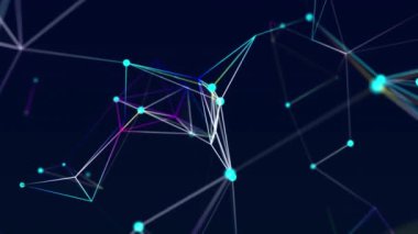 Uzayda renkli çizgiler ve noktalar birleştiriliyor. Soyut dijital arkaplan. Veri ağı bağlantıları. 3D görüntüleme. Kusursuz döngü.