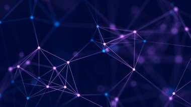 Renkli çizgileri ve noktaları birleştiren soyut arkaplan. Ağ bağlantısı yapısı. Bilgi alışverişi. Dijital teknoloji tasarımı. Üç Boyut.