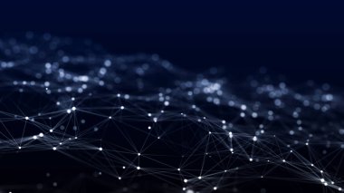 Ağ bağlantı yapısının modern tasarımı. Birbirine karışan nokta ve çizgilerle soyut bir arkaplan. Üç Boyut.