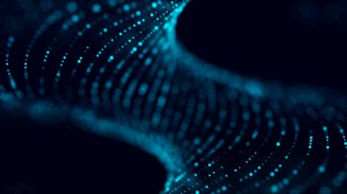 Parlayan parçacıkların hareket ettiği soyut mavi arkaplan. Büyük veri. Üç Boyut .