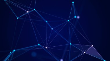 Renkli çizgileri ve noktaları birleştiren soyut arkaplan. Ağ bağlantısı yapısı. Bilgi alışverişi. Dijital teknoloji tasarımı. Üç Boyut.