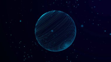 Karanlık bir arka planda parlak noktaların toplanması. Parçacıkların soyut ses dalgası. Veri ağı. Üç Boyut