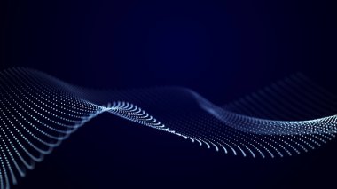 Karanlık arka planda hareket eden parçacıkların olduğu fütüristik noktalar dalgası. 3B görselleştirme.