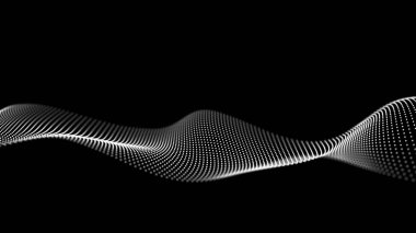 Karanlık arka planda hareket eden parçacıkların olduğu fütüristik noktalar dalgası. 3B görselleştirme.