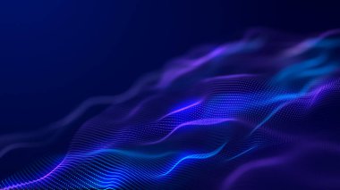 Hareketli parçacıkların olduğu gelecekteki noktalar dalgası. Soyut teknoloji geçmişi. Büyük verilerin 3 boyutlu görüntülenmesi. Üç Boyut.