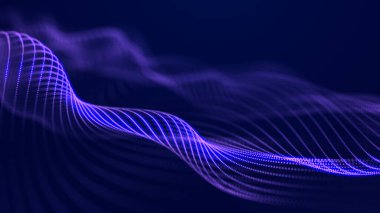 Karanlık arka planda hareket eden parçacıkların olduğu fütüristik noktalar dalgası. 3B görselleştirme.