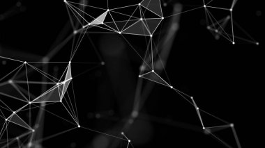 Ağ bağlantı yapısını tasarlıyorum. Parlayan parçacıklarla iç içe geçmiş koyu bir arkaplan. Üç Boyut .
