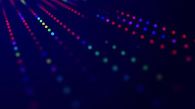 Parlayan müzik parçacıkları olan dijital bir arkaplan. Büyük veri görselleştirmesi. 3D görüntüleme. Kusursuz döngü.