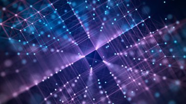 Bilgi depolama hücreleri. Noktalar ve çizgilerle soyut bir arkaplan. Ağ bağlantısı yapısı. Büyük veri dijital arkaplanı. Üç Boyut.