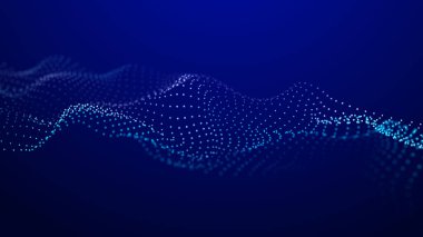 Hareketli parçacıkların olduğu gelecekteki noktalar dalgası. Soyut teknoloji geçmişi. Büyük verilerin 3 boyutlu görüntülenmesi. Üç Boyut.