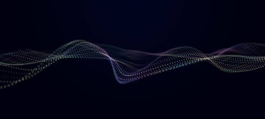 Parlayan müzik parçacıkları olan dijital bir arkaplan. Büyük veri görselleştirmesi. Üç boyutlu. Kusursuz döngü.