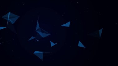 Uzayda soyut geometrik şekiller. Noktalar ve üçgenlerden oluşan iç içe geçmiş çizgiler. 3B görüntüleme.