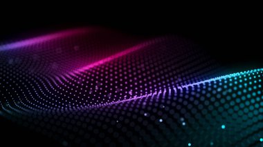 Parlayan müzik parçacıkları olan dijital bir arkaplan. Büyük veri görselleştirmesi. 3d.