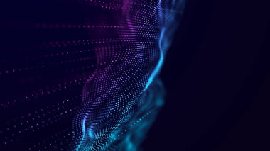 Parlayan müzik parçacıkları olan dijital bir arkaplan. Büyük veri görselleştirmesi. 3d.