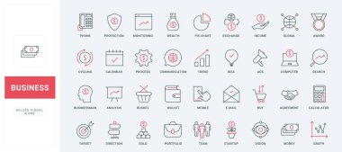 İş ince siyah ve kırmızı çizgi simgeleri vektör illüstrasyonunu ayarlar. Para koruma ve muhasebe, izleme ve analizine ilişkin sembolleri grafik, anlaşma ve iletişim yoluyla özetle