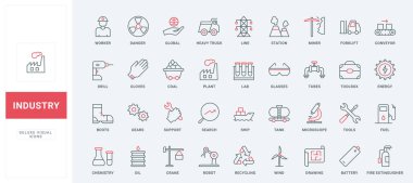 Endüstri, iş teftişi, ince siyah ve kırmızı çizgi simgeleri vektör illüstrasyonunu ayarlar. İşçi güvenlik ekipmanları ve bakım alet çantası, kamyon, tank ve gemi teslimatı araçlarının ana hatları