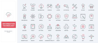 Veri teknolojisi ince siyah ve kırmızı çizgi simgeleri vektör illüstrasyonunu ayarlar. Ana hatlı dijital ağ koruması ve bulut bağlantısı pictogramları, İnternet sunucu servisi, sunucu erişimi ve ayarları