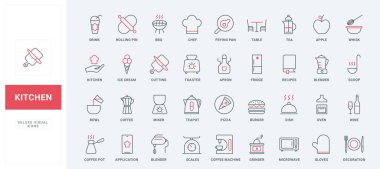 Mutfak ince siyah ve kırmızı çizgi simgeleri vektör illüstrasyonunu ayarlar. Aşçıbaşı aletlerinin ana sembolleri ve restoran veya ev aletleri, yemek ve içecek, kesim ve kızartma için araç gereç ve kap koleksiyonu