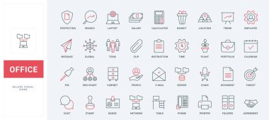 Ofis çalışması ince siyah ve kırmızı çizgi simgeleri vektör illüstrasyonunu ayarlar. Dosyalarda ve çalışan çantasında arşivlenecek evrak ve kırtasiye sembolleri, iş yerinde ve rozette yöneticilerin dizüstü bilgisayarları.