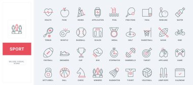Spor eğitimi, hobi siyah ve kırmızı çizgi simgeleri vektör illüstrasyonunu ayarlar. Spor aletlerinin ana hatları, basketbol ve futbol topları, voleybol ve beyzbol, kano ve yoga koleksiyonu