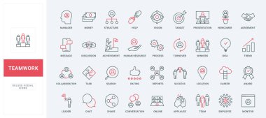 Takım çalışması, insan kaynakları ve şirket yapısı ince siyah ve kırmızı çizgi simgeleri vektör illüstrasyonunu oluşturur. Ortaklık sembolleri ve liderlerin kariyerinde takımın yardımı, sunum ve ödül sunumu