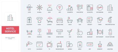 Otel servisi, konukseverlik çizgisi simgeleri hazır. Konfor odası ve pansiyon yatağı, resepsiyon bilgisi ve anahtarı, taksi ve yüzme havuzu ince siyah ve kırmızı çizgili semboller, vektör illüstrasyonu