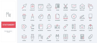 Ofis kırtasiyesi ince siyah ve kırmızı çizgi simgeleri vektör illüstrasyonunu ayarlayın. Sunum ve takvim sembolleri üzerine iş grafiği, klasör ve kağıt belgeler, dizüstü bilgisayar ve masa, çay fincanı