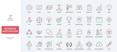 İş motivasyonu, iş bulma stratejisi belirlendi. Şirket organizasyonu, başarı ve büyümenin planlanması ve vizyonu, ortaklık ince siyah ve kırmızı ana hatlar, vektör illüstrasyonu
