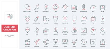 Bloglama için yazılım ve hizmetler, içerik oluşturma ince siyah ve kırmızı çizgi simgeleri vektör illüstrasyonunu ayarlar. Çevrimiçi makaleler, video filmler üretmek ve paylaşmak için yazarların yaratıcı sembollerini özetle