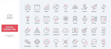 Dijital pazarlama çizgisi simgeleri ayarlandı. İş büyümesi, piyasa yapısı araştırması ve takvimdeki plan için sosyal medya ve e-posta reklamlarında promosyon blogu, ince siyah ve kırmızı ana hatlı semboller, vektör illüstrasyonları