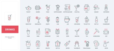 İnce, siyah ve kırmızı çizgi simgelerinden oluşan içecekler vektör illüstrasyonunu ayarlar. Taslak fıçı, kutu veya cam şişe sembolleri, kokteyller ve şampanya, çay ve kahve makinesi, bira ve meyve suyu