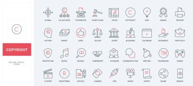 Ticari marka, patent ve fikri mülkiyet koruma çizgisi simgeleri belirlendi. İçerik oluşturma ve hikaye anlatma, müzik lisansı, video ve çevrimiçi oyunlar ince siyah ve kırmızı semboller vektör illüstrasyonu