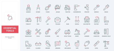 İnşaat araçları ve dişliler, servis hattı simgeleri ayarlandı. Güvenlik çizmeleri ve gözlük sembolleri, işçi alet çantası, donanım ve el aletleri ince siyah ve kırmızı çizgili vektör çizimi