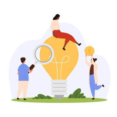 İnovasyon fikri araştırma vektörü çizimi. Çizgi filmlerdeki küçük insanlar dijital teknolojiyi ve yaratıcı iyi yatırım projesini, büyüteç ve ampulün yanında para tutan karakterleri araştırıyorlar.