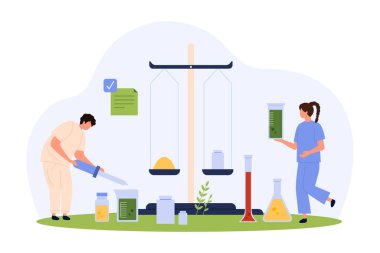 Laboratuvar vektör illüstrasyonunda ilaç araştırması. Çizgi filmdeki küçük insanlar bilimsel denge ölçekleri ve laboratuvar test tüpleri, geliştirme ve bilim adamları tarafından analiz edilen farma yenilikleri üzerinde çalışıyorlar.