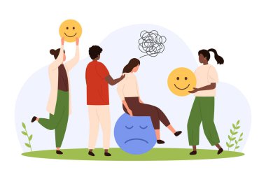 Olumlu ve olumsuz düşünce, duygusal zeka gelişimi, zihinsel sağlık vektörü çizimi. Çizgi filmdeki mutlu küçük insanlar, üzgün ifadelerin üzerinde oturan kıza gülümsemeli emojiler sunuyor, ruh halini düzeltiyor.