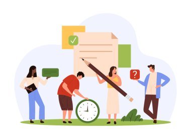 Not yazılıyor, vektör illüstrasyonunu planlamak için düzenleyici mobil uygulama. Karikatür küçük insanlar büyük kalem ve saat, baloncuk mesaj kağıt günlük veya defter yazmak için, bilgi fark ve soru