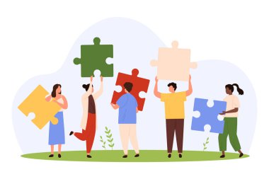 Farklı etnik kökenlere, milletlere ve cinsiyet vektör illüstrasyonuna mensup kişilerin işbirliği ve işbirliği. Küçük ofis çalışanları ve ortaklarından oluşan karikatür çeşitliliği grubu yapboz parçaları tutuyor.