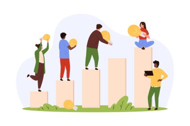Kariyer geliştirme ve yaratıcı fikirler vektör çizimi. Çizgi filmlerdeki küçük insanlar kariyer merdiveninin basamaklarında ellerinde farklı boyutlarda ampullerle dururlar. Yetenekli profesyonel takım çalışanları.