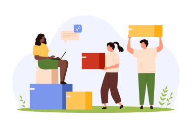 Depo vektör illüstrasyonundaki paketler için teslimat, kayıt ve dağıtım hizmeti. Çizgi filmlerdeki küçük insanlar ellerinde karton kutular, çalışanlarda dizüstü bilgisayarla yöneticiye kağıt paketler taşıyorlar.