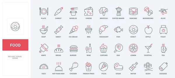 Food and drink thin black and red line icons set vector illustration. Outline symbols of fastfood dishes and dessert to eat in cafe menu, meat steak and sausage, wine and coffee, sushi and cupcake