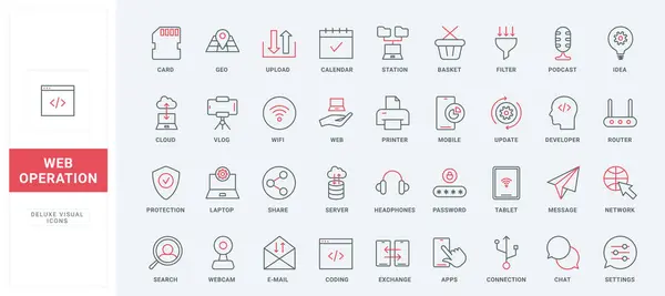 stock vector Web services, application usage and coding line icons set. Data transfer and storage, update and upload for information, system backup and email thin black and red outline symbols, vector illustration