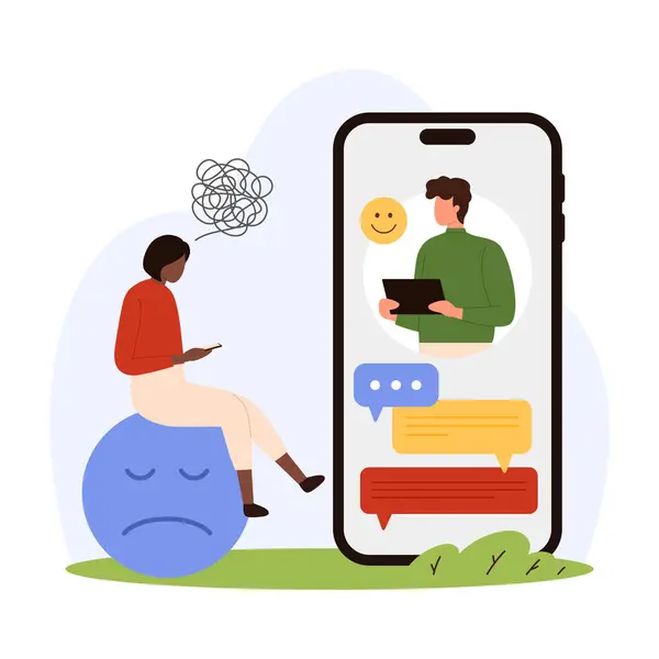 Psikologla çevrimiçi terapi, yardımcı uygulama vektör çizimi. Çizgi film sanal doktoru telefon ekranından minik bir hastaya danışmanlık yapıyor. Üzgün emojinin üzerinde oturan terapistten kadına destek tavsiyesi veriyor.