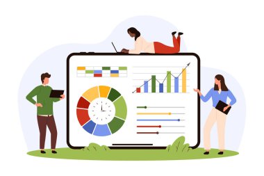 Veri analizi, pazarlama vektör çizimi. Çizgi filmlerdeki küçük insanlar büyük tablet ekranı, optimizasyon süreci, analistlerin istatistik tablolarının kontrolü hakkında araştırma ve rapor yapıyorlar.