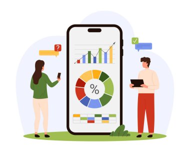 Veri analizi, mobil uygulama vektör illüstrasyonlu denetim. Çizgi filmlerdeki küçük insanlar dijital belgeleri, telefon ekranlarındaki çizelgelerle araştırıyorlar, çoklu görev analistleri bilgi raporlarını inceliyor ve iletişim kuruyorlar.