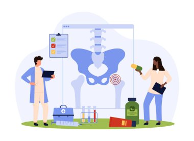 Kemik iltihabı, osteoporoz, ortopedik problemler ve kalça iltihabı vektör çizimi. Çizgi filmlerdeki küçük insanlar pelvik eklem hastalıkları ve hastaların röntgenlerinde kıkırdak iltihabı teşhisi koyuyor.
