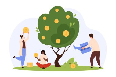 Finansal yatırım artışı, gelir artışı ve sermaye kazancı illüstrasyonu. Çizgi filmlerde para ağacını sulayan minik insanlar, altın paralarla bitki yetiştiren yatırımcılar, başarı stratejisi.